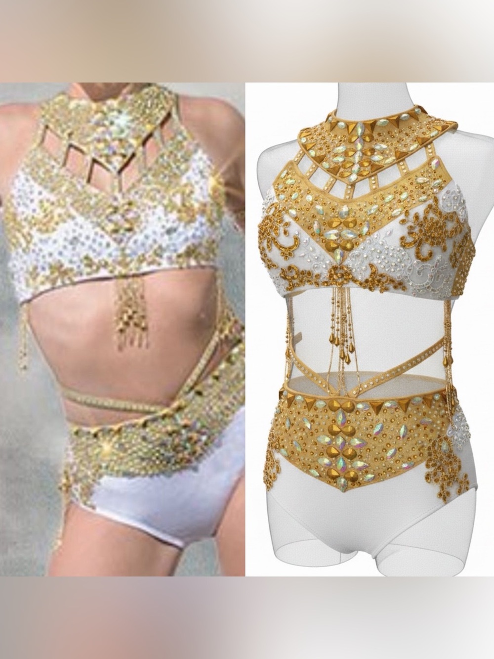 Glamour solo dance costume 2 piece style white gold greek goddess MA-Medium